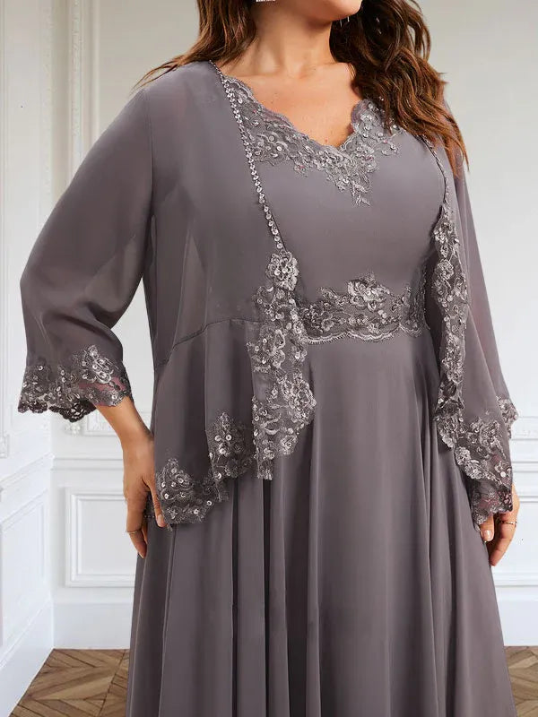 A-Linien Kleid mit V-Ausschnitt, knöchellang, aus Chiffon, Mutter der Braut Kleid mit Pailletten, Applikationen, Spitze und Perlenbesatz