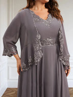A-Linien Kleid mit V-Ausschnitt, knöchellang, aus Chiffon, Mutter der Braut Kleid mit Pailletten, Applikationen, Spitze und Perlenbesatz