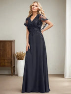 A-Linien V-Ausschnitt Bodenlanges Spitzen-Chiffon Kleid für die Brautmutter mit Pailletten