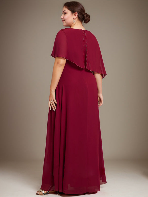 A-Linie Rundhals Bodenlanges Chiffon-Spitzenkleid für die Brautmutter mit Pailletten und Perlen