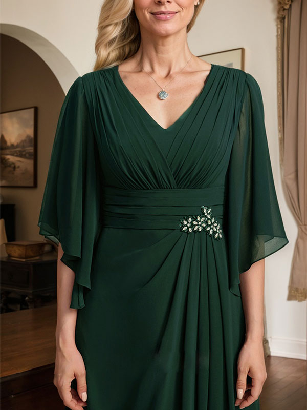 Etuikleid/Säule V-Ausschnitt bodenlanges Chiffon Mutter-der-Braut-Kleid mit plissierten Pailletten und Perlen