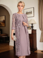 Sheath/Column Scoop Knee-Length Chiffon Mother of the Bride Dress With Pleated Sequins