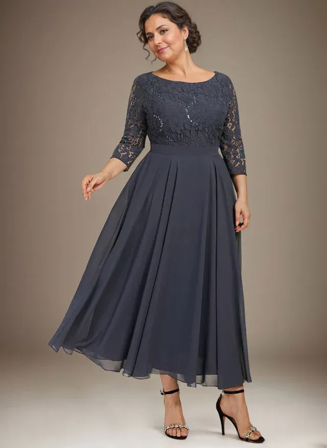 A-Linien Spitzen-Chiffon-Brautmutterkleid mit V-Ausschnitt, tea-length, mit Pailletten