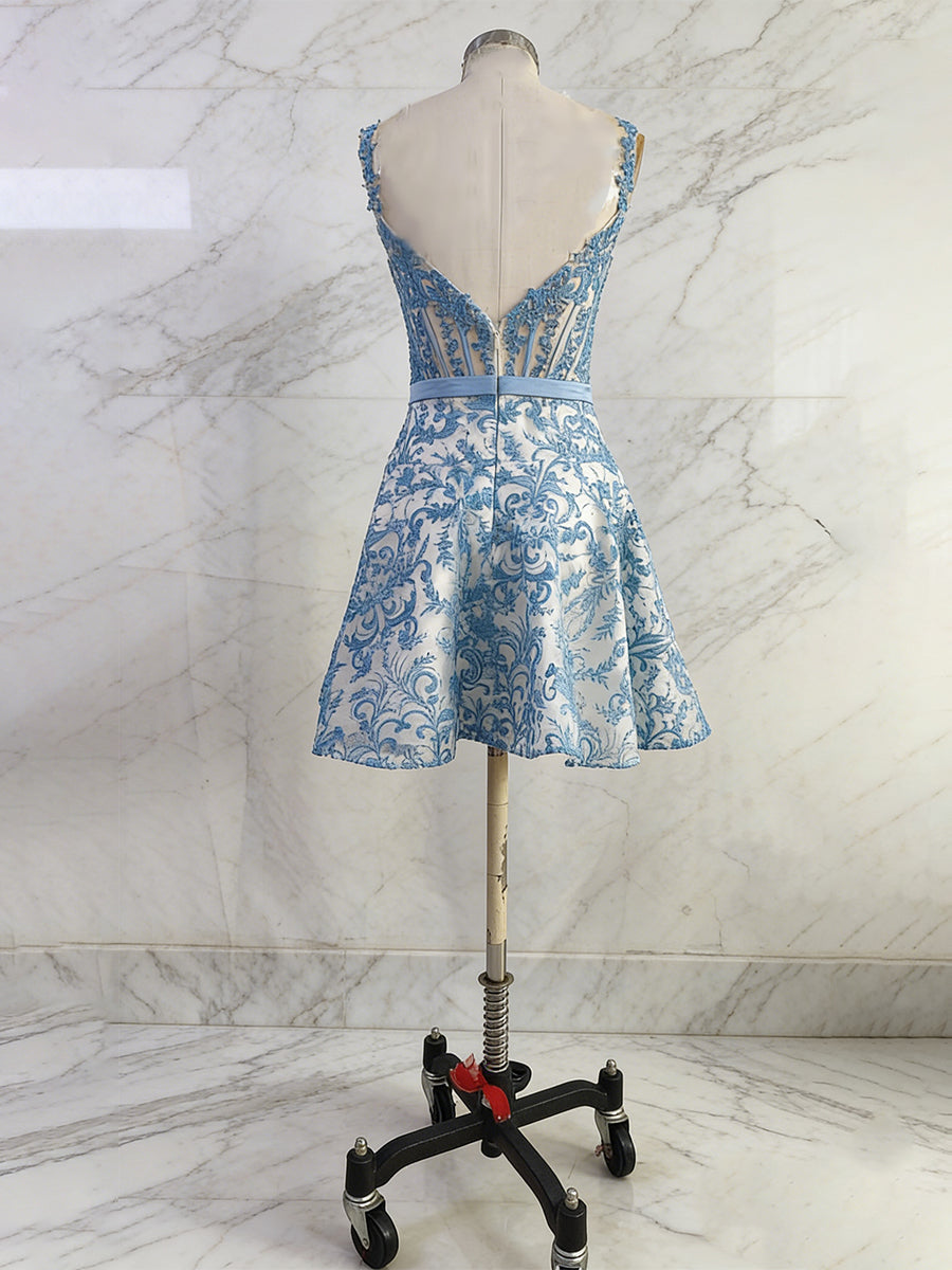 Robe de bal à corset imprimé floral bleu, coupe trapèze avec nœud