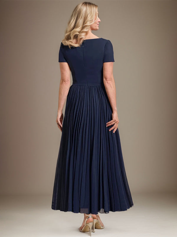 Abito da madre della sposa a linea A, scollo quadrato, lunghezza alla caviglia in chiffon con pieghe