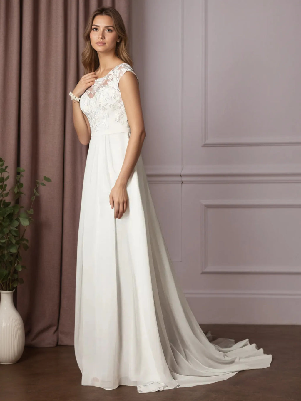 Vestido de novia línea A blanco con escote redondo y lentejuelas de gasa