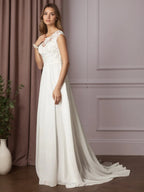 Vestido de novia línea A blanco con escote redondo y lentejuelas de gasa