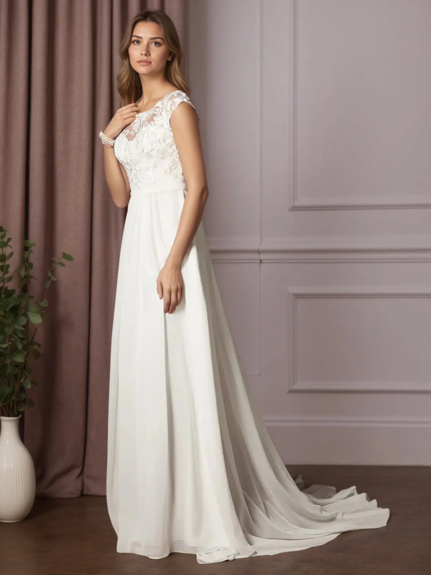 Vestido de novia línea A blanco con escote redondo y lentejuelas de gasa