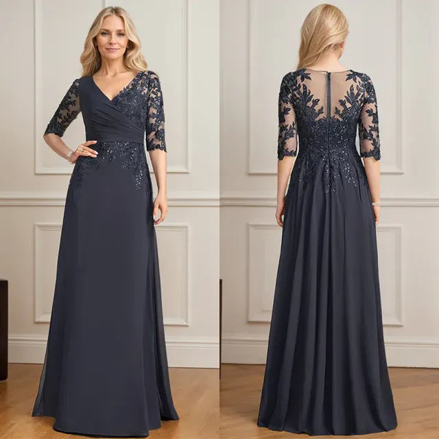 A-Linien V-Ausschnitt bodenlanges Spitzen-Chiffon Kleid der Brautmutter mit plissierten Pailletten