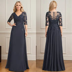 A-Linien V-Ausschnitt bodenlanges Spitzen-Chiffon Kleid der Brautmutter mit plissierten Pailletten