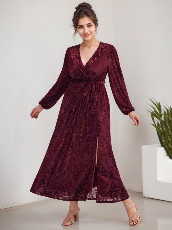 A-Linien V-Ausschnitt langärmliges Samt Tee-Länge Kleid für die Brautmutter mit Schlitz