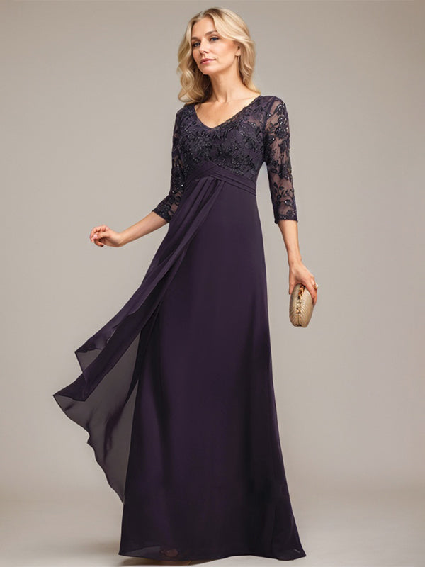 Vestido de madre de la novia en línea A con escote en V, encaje y gasa larga hasta el suelo con volantes en cascada y lentejuelas