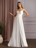 Abito da sposa bianco a linea ad A con scollo a V, senza maniche, in pizzo e chiffon