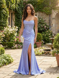 Lavendel trägerloses Satin Perlen-Bustier Korsett Ballkleid mit Schlitz