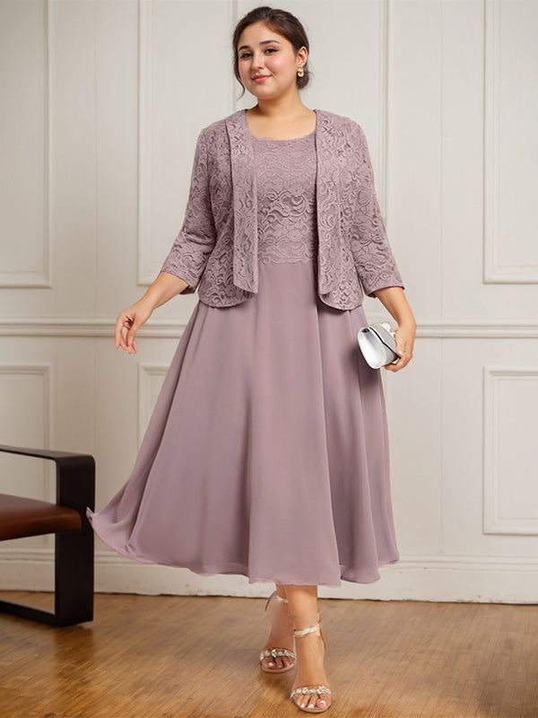 A-Linien Kleid mit Rundhalsausschnitt, tea-länge, Spitze und Chiffon, Mutter der Braut Kleid