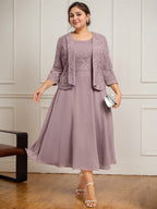 A-Linien Kleid mit Rundhalsausschnitt, tea-länge, Spitze und Chiffon, Mutter der Braut Kleid