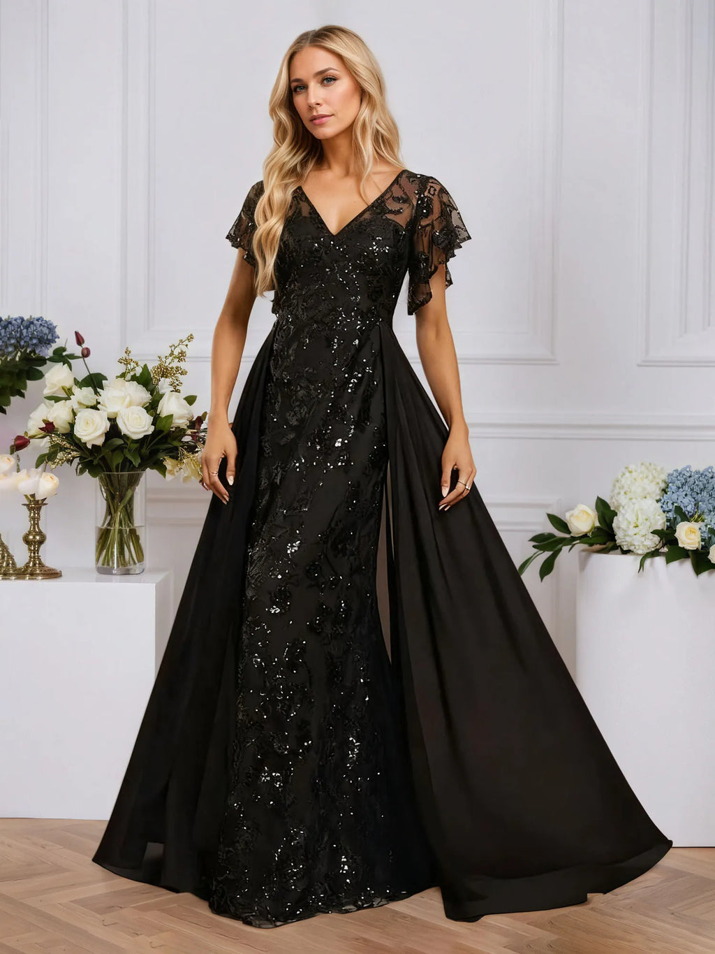 Sheath/Column Illusion V-Neck Floor-Length Sequin Chiffon Lace Evening Dress With Overskirt