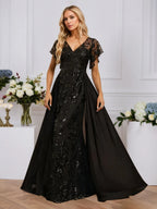 Sheath/Column Illusion V-Neck Floor-Length Sequin Chiffon Lace Evening Dress With Overskirt