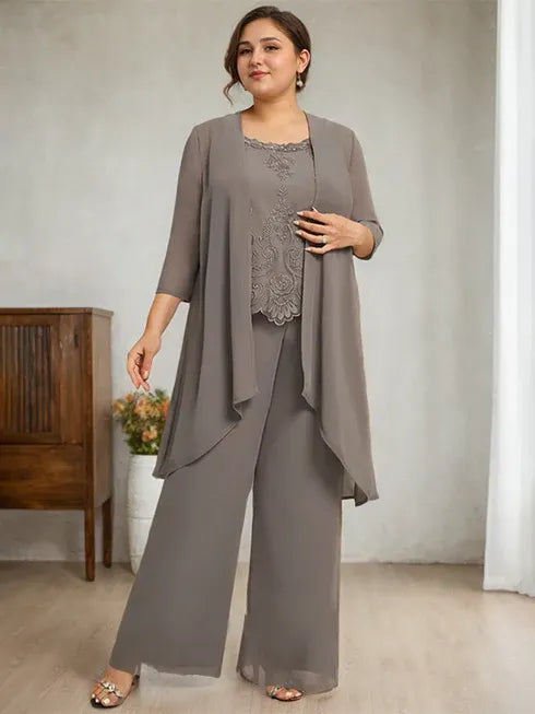 Conjunto de mono/pantalón separado de madre de la novia con encaje de gasa hasta el suelo, escote redondo y adornos de cuentas y lentejuelas