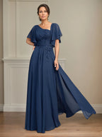 A Line Asymmetrical Floor Length Lace Chiffon Mother of the Bride Dress With Pleated Sequins