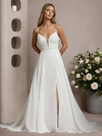 Vestido de novia blanco de gasa con lentejuelas sin mangas y escote off the shoulder en línea A