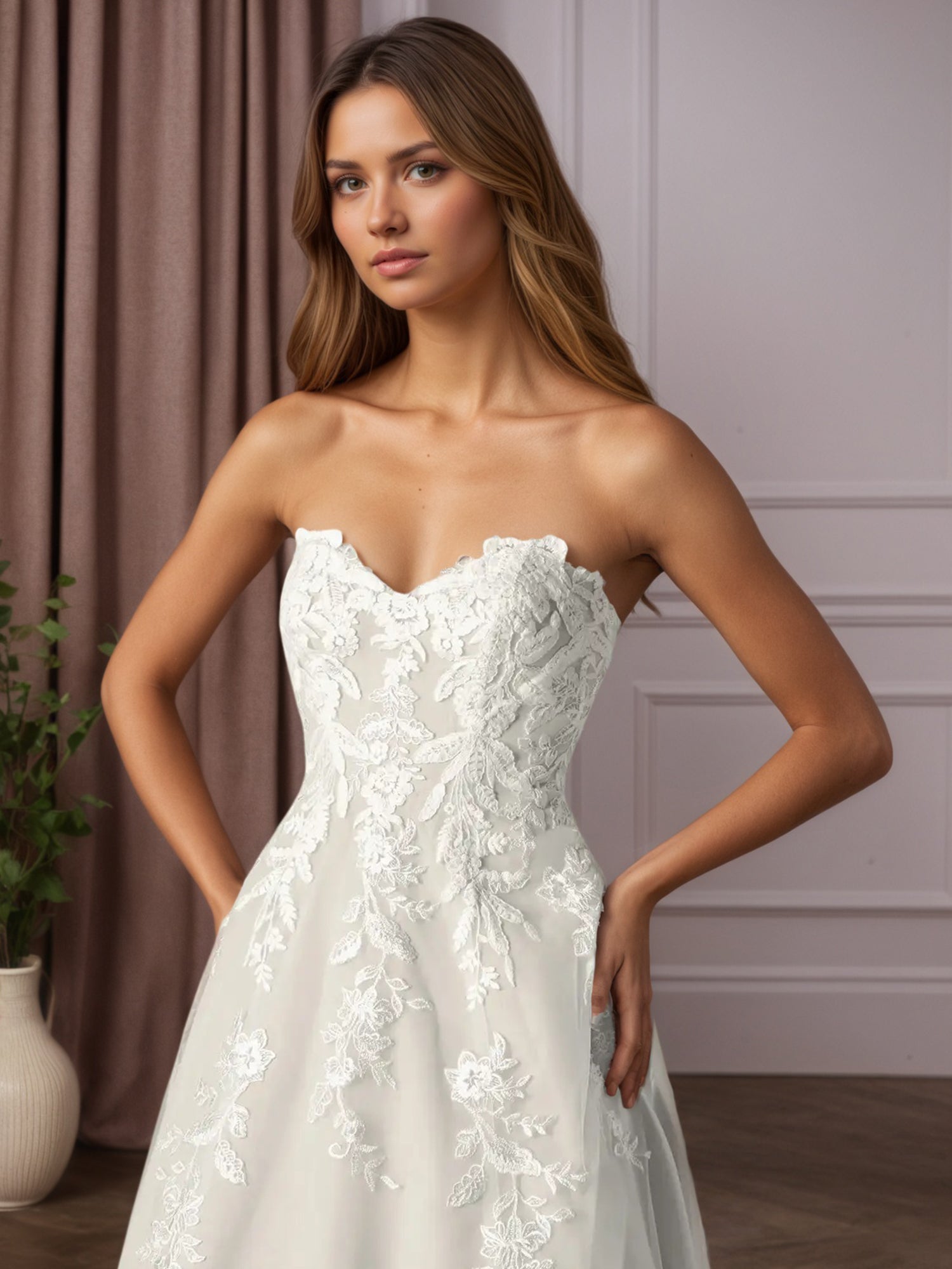 Weißes Ballkleid trägerlos aus Spitze, Hochzeitskleid