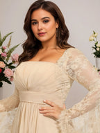 A-Linien quadratisches bodenlanges Chiffon-Spitzen-Abendkleid mit Perlenbesatz und Plissees