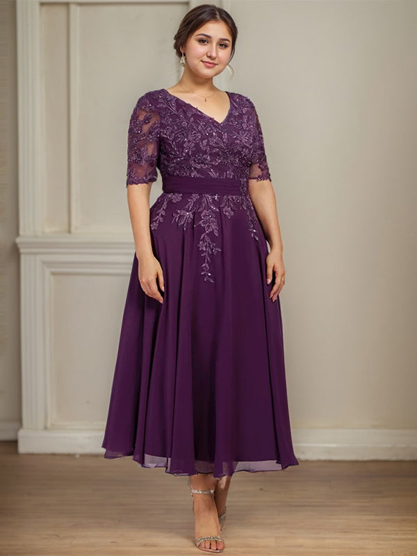A-Linien V-Ausschnitt Tea-Length Spitzen-Chiffon Kleid für die Mutter der Braut mit Pailletten