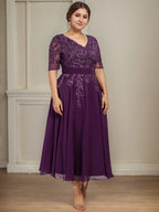 A-Linien V-Ausschnitt Tea-Length Spitzen-Chiffon Kleid für die Mutter der Braut mit Pailletten
