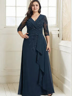 Robe de mère de la mariée en dentelle et chiffon, coupe A, col V avec col, longueur au sol, sequins et volants en cascade
