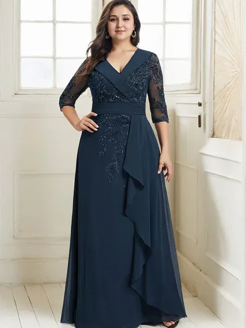 Robe de mère de la mariée en dentelle et chiffon, coupe A, col V avec col, longueur au sol, sequins et volants en cascade