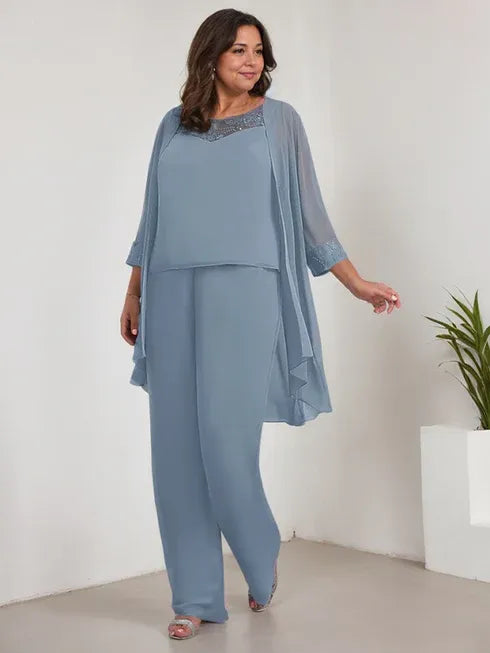 Chiffon Kleid mit Rundhalsausschnitt und langen Ärmeln, Mutter-der-Braut Hosenanzug mit Jacke