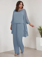 Chiffon Kleid mit Rundhalsausschnitt und langen Ärmeln, Mutter-der-Braut Hosenanzug mit Jacke