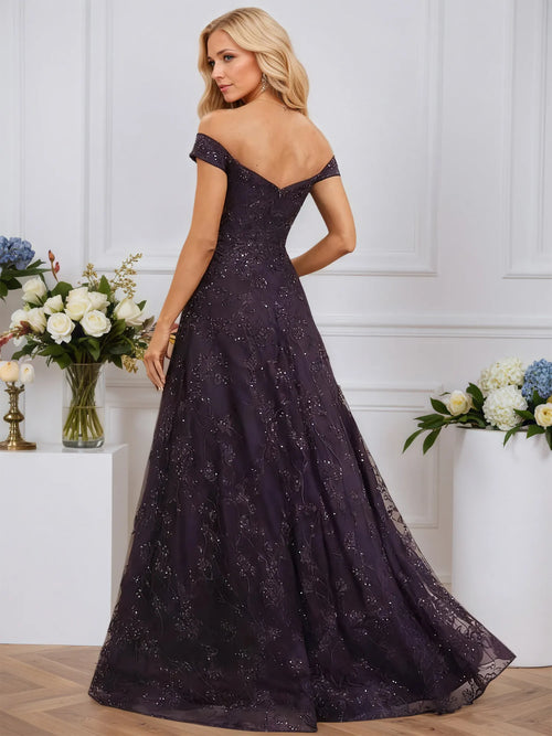 Vestido de noche largo con lentejuelas y encaje, en línea A y escote off-shoulder