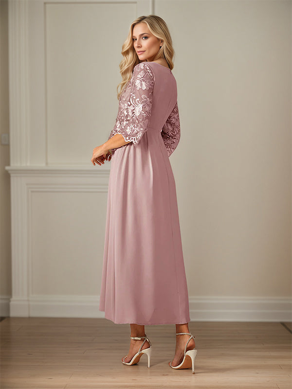 Robe mère de la mariée maxi en dentelle froncée ligne A col rond à volants