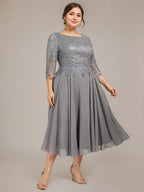 A-line Scoop Tea-Length Lace Chiffon Mother of the Bride Dress