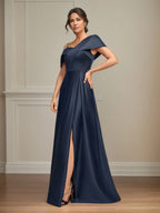 A Line Asymmetrical Floor-Length Satin Mother of the Bride Dress With Pleated