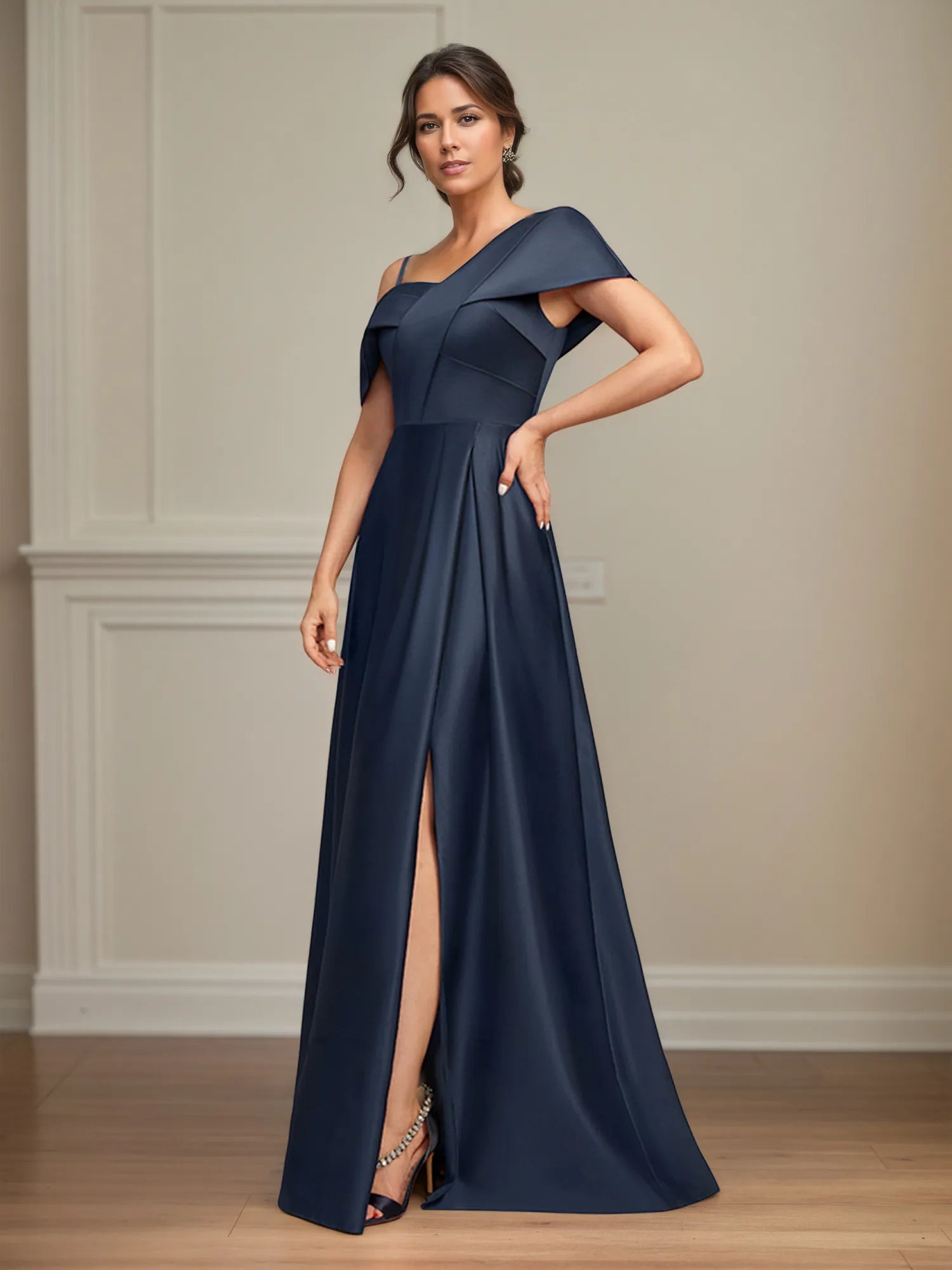 A Line Asymmetrical Floor-Length Satin Mother of the Bride Dress With Pleated