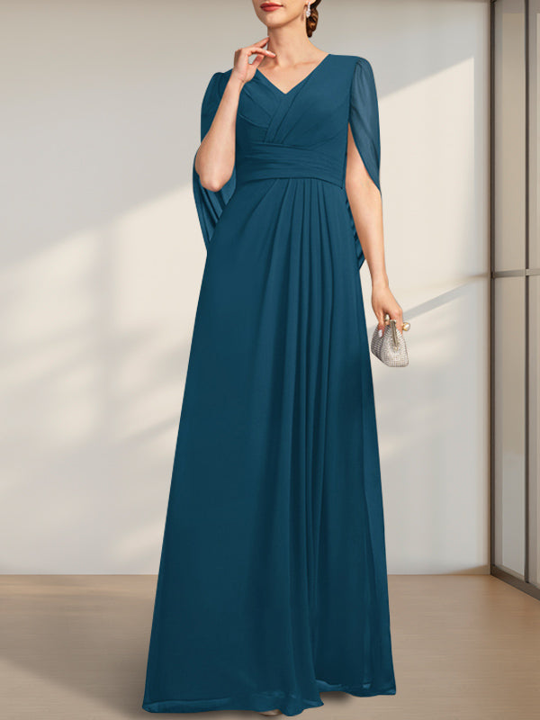 A-Linien V-Ausschnitt bodenlanges Chiffonkleid für die Brautmutter mit Falten