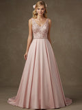 Pink A-line V-Neck Floor-Length Satin Lace Prom Dresses With Sequins