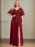 A-line V-Neck Floor-Length Lace Chiffon Evening Dress With Sequins