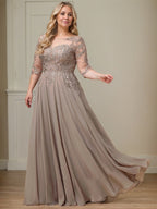 A-line Scoop Illusion Floor-Length Lace Chiffon Mother of the Bride Dress With Sequins