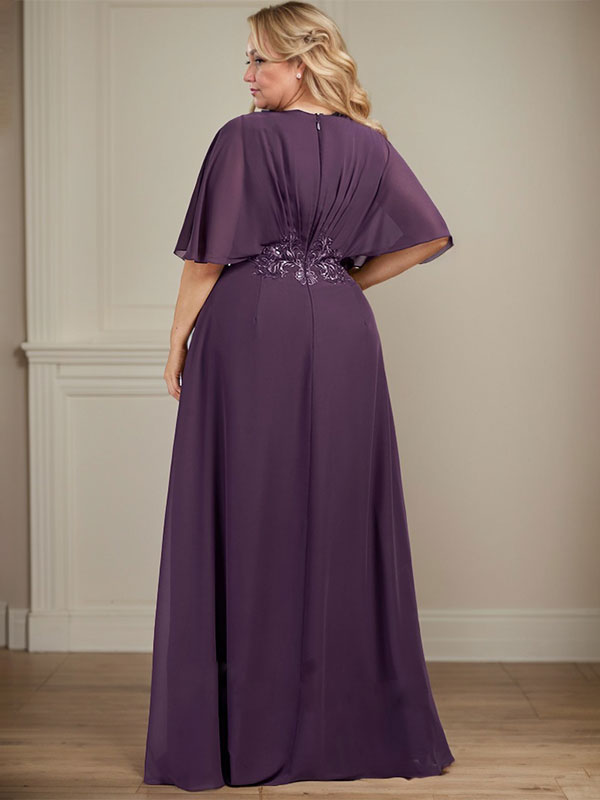 Vestido de madre de la novia en línea A de gasa con escote en V, largo hasta el suelo, con apliques plisados de lentejuelas y encaje