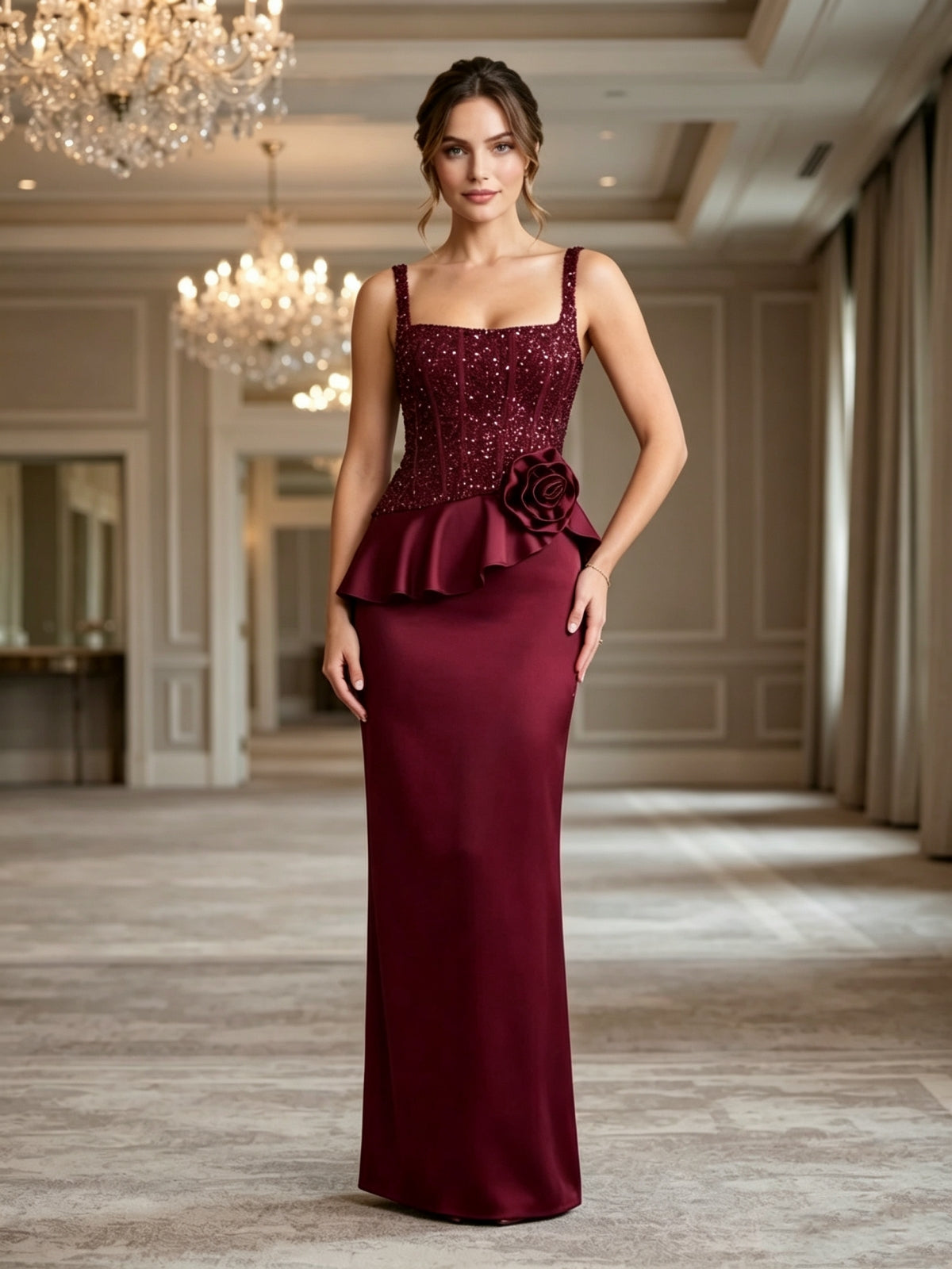 Burgundy Sequin Square Neck Peplum Evening Dress
