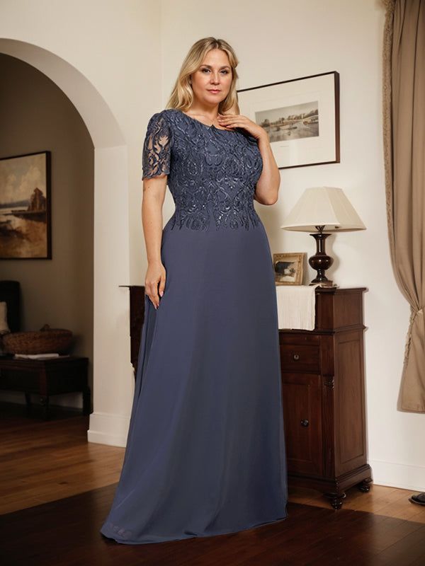 Vestido de encaje y gasa para madre de la novia, línea A, escote redondo, largo hasta el suelo con lentejuelas