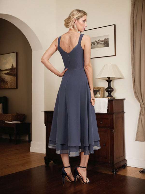 Abito da madre della sposa in chiffon a linea A, scollo a V, lunghezza tea