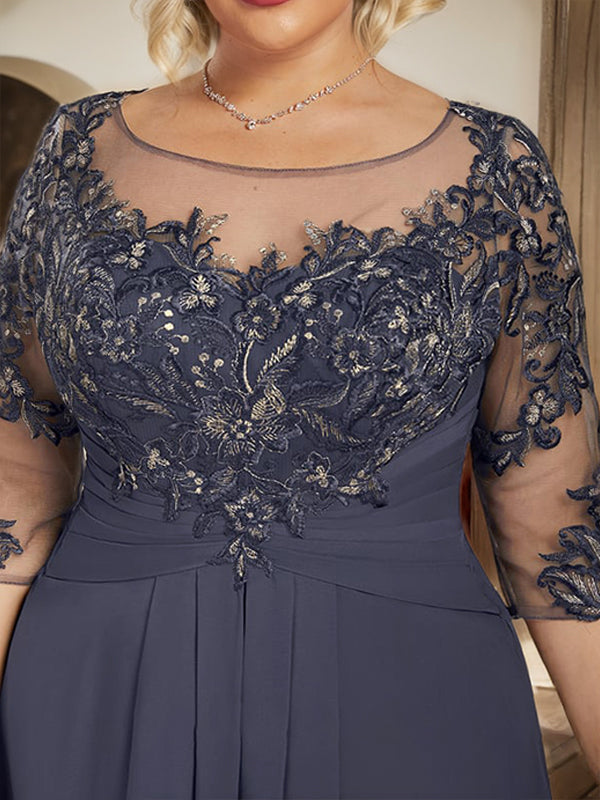 Vestido largo de madre de la novia línea A con escote ilusión redondo, encaje y gasa con volantes en cascada