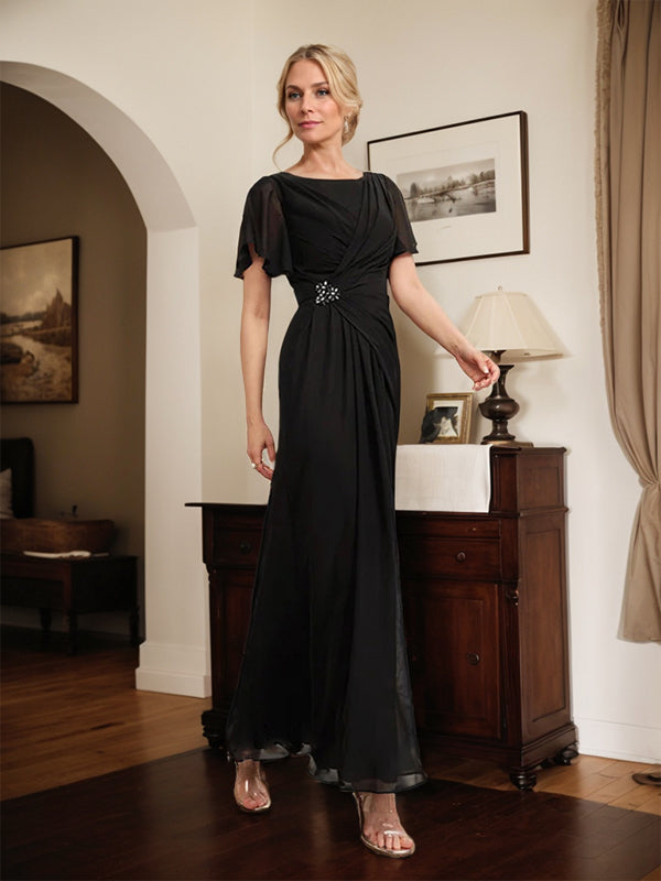 A-line Scoop Ankle-Length Chiffon Mother of the Bride Dress With Beading Pleated