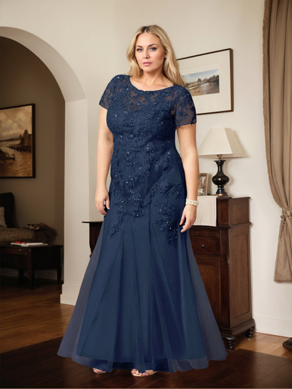 Vestido sereia azul marinho escuro com decote redondo, paetês e tule