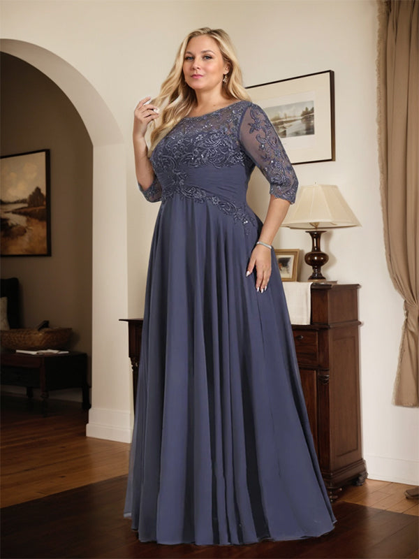 A-Linien Ausschnitt Illusions-Bodenlanges Chiffon-Spitzenkleid für die Mutter der Braut mit plissierten Pailletten